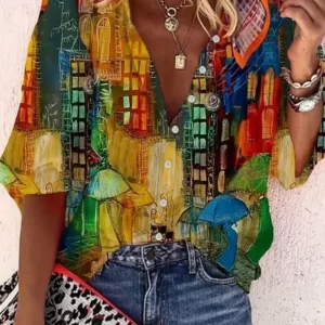 Women's Plus Size 1XL-5XL Fashion Oil Painting Print Blouse with Button Ladies Casual Stand Collar Stylish and Comfortable Shirt