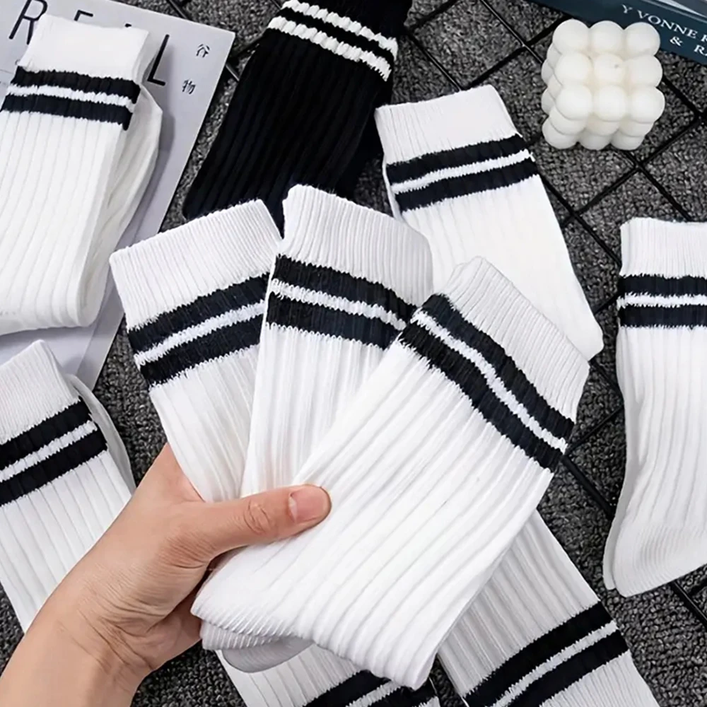 2/6 Pairs Men Medium Length Socks Simple Versatile Casual Black White Striped Breathable High-Quality Casual Round Neck Socks - Image 2