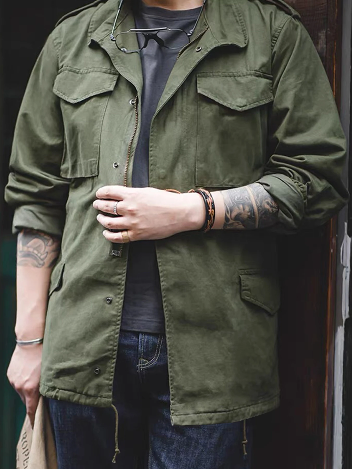 M65 Field Jacket, Men's Military Jacket, Retro Multi Pocket Collar Zipper Jacket, 100% Cotton