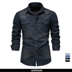 2025 Brand Elastic Cotton Denim Shirt Men Long Sleeve Quality Cowboy Shirts for Men Casual Slim Fit Mens Designer Clothing