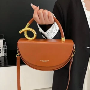 Brown Saddle Bag with Gold Twist Handle, Vegan Leather Top-Handle Crossbody for Daily Use