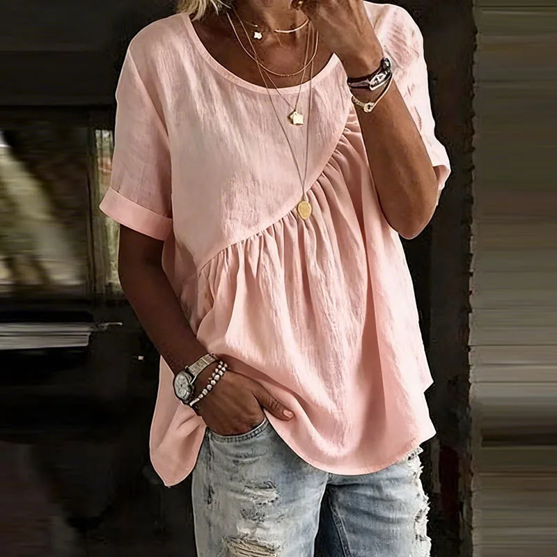 2026 Spring Summer Solid Ruched Woman Clothing Casual Round Neck Loose Fit T-shirt Top Elegant Short Sleeve Ruched Blouse Shirts - Image 5