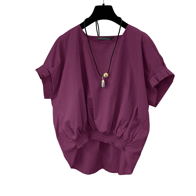 ZANZEA Women Fashion Shirring Hem Blouses 2025 Summer O Neck Short Sleeve Casual Blusas Mujer Stylish Slit Back Solid Shirt Tops - Image 7