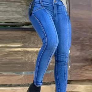 Ladies high-waisted single-button hip-lifting slim-fit pencil-leg motorcycle fashion jeans in royal blue