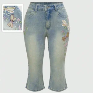 Y2K Fairycore Dragonfly Embroidery Capri Jeans, Low Waist, Summer Retro Style