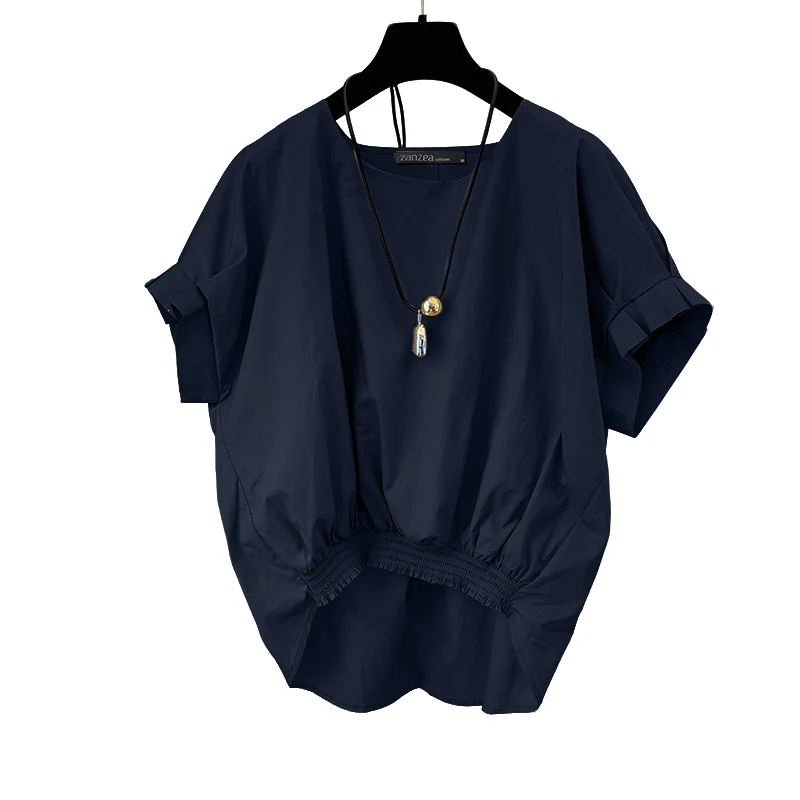 ZANZEA Women Fashion Shirring Hem Blouses 2025 Summer O Neck Short Sleeve Casual Blusas Mujer Stylish Slit Back Solid Shirt Tops - Image 13