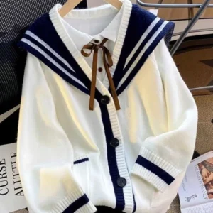 Sweet Sailor Collar Sweaters for Women 2025 New Loose College Style Cardigan Woman