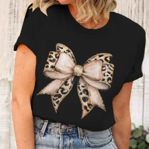 Woman T-shirts Vintage Harajuku Y2K Graphic Tee Fashion Summer Leopard Coquette Bow Short Sleeve T-shirt Casual Top