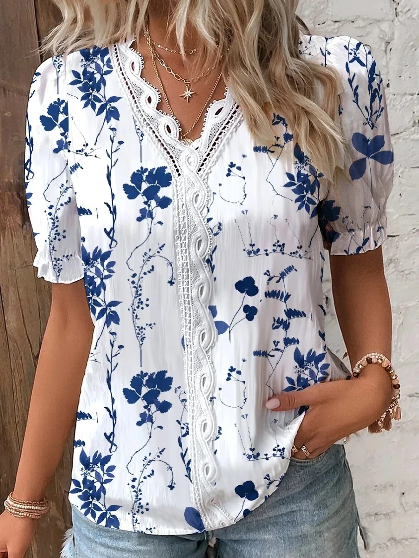 2024 Fashion Casual Vacation Shirt Women Summer V Neck Hollow Out Solid Color Blouse Female Elegant Striped Jacquard Casual Tops