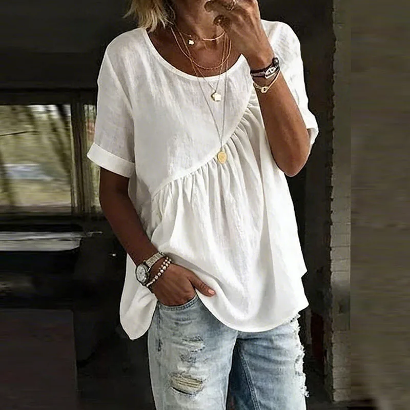 2026 Spring Summer Solid Ruched Woman Clothing Casual Round Neck Loose Fit T-shirt Top Elegant Short Sleeve Ruched Blouse Shirts - Image 2