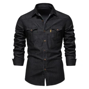 Elastic Cotton Denim Shirt High Quality Men Long Sleeve Solid Color Pocket Shirts for Men Casual Slim Fit Mens Designer Clothing