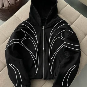 Street Retro Fashion Clothing Striped Embroidered Black Double Zipper Hoodie American Hip-hop Punk Oversized Sweatshirt women