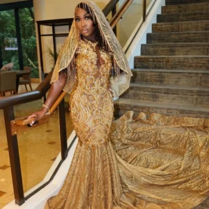 Glittle Gold Long Prom Dresses 2026 Luxury Mermaid Beaded Rhinestones African Formal Evening Party Gala Birthday Gown Customized