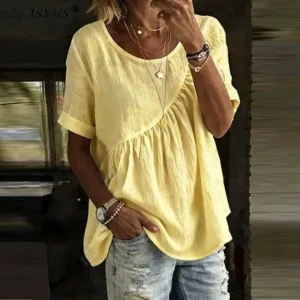 2026 Spring Summer Solid Ruched Woman Clothing Casual Round Neck Loose Fit T-shirt Top Elegant Short Sleeve Ruched Blouse Shirts
