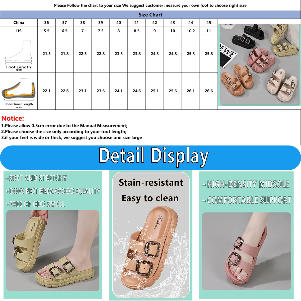 Women's Fashion Thick Sole Sandals,Adjustable Strap Flip Flops,Leather Metal Ankle Buckle Strap Summer Beach Slides - Image 6