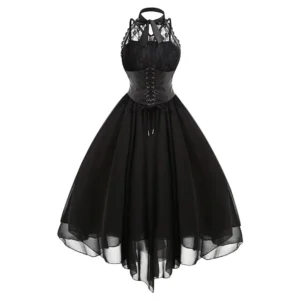 Women Black Gothic Punk Vintage Party Dresses Sleeveless Cross Back Retro Lace Panel Chiffon Solid Corset Swing Dress Vestidos