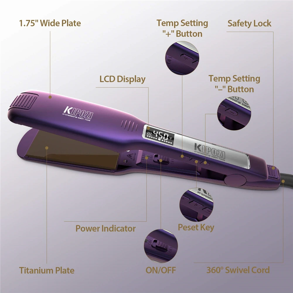 KIPOZI Professional Titanium Flat Iron Hair Straightener with Digital LCD Display Dual Voltage Instant Heating Curling Iron - Image 4