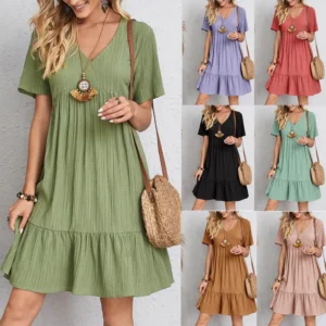 Women V Neck Short Sleeve Pleated Loose Dress Summer Fashion Solid Baggy Solid Party Dresses FYY-894