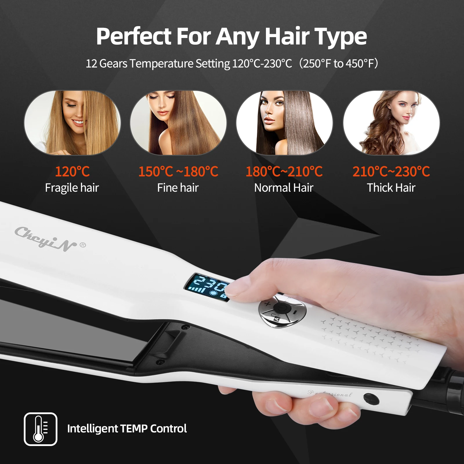 CkeyiN 44mm Tourmaline Ceramic Hair Straightener LCD Display Fast Heating Flat Iron Adjustable Temperature Straightening Iron - Image 3