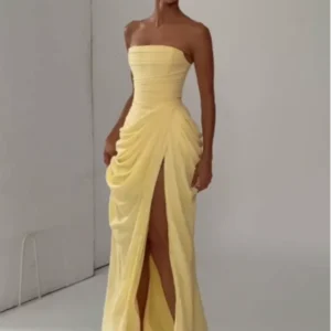Elegant Yellow Strapless Pleated Long Dress Women Chic Solid Sleeveless Waist Cinching Split Gown 2026 Lady Evening Party Robe