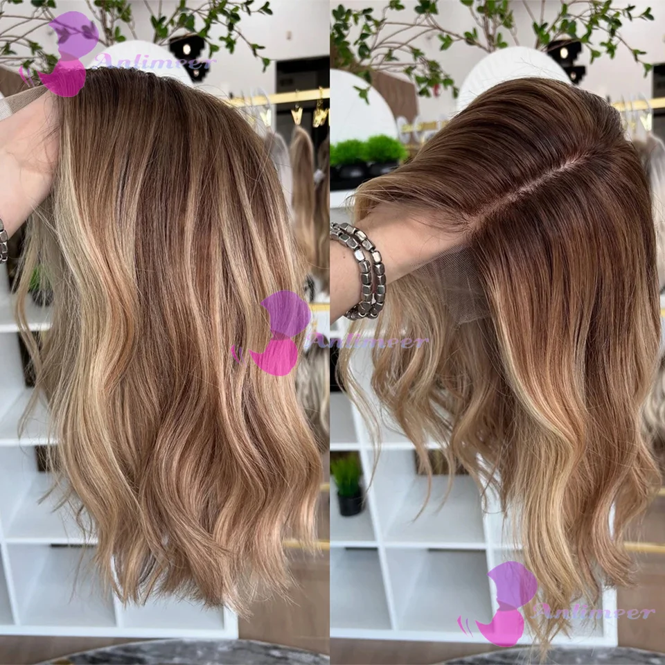 Brown Blonde Balayage Human Hair Glueless Lace Short Bob Wigs 13x4 Silk Top Lace Front Wigs Bleached Knots 360/Full Lace Wigs