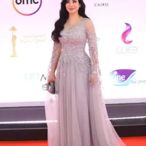 Customized Saudi Arabia Celebrity Red Carpet Dresses Sheer Crew Neck Prom Dress Lace Applique Long Sleeves Tulle Evening Gowns