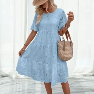 Summer Women Dress Hollow Out O Neck Short Sleeves A-line Pleated Solid Color Big Swing Embroidery Vacation Beach Midi Dress