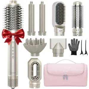 8-in-1 Dual Voltage Hot Air Styler Hair Dryer Brush with Straightener Curler Attachments 110 000 RPM Ionic Fast Drying for Friz