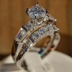 2Pcs Cubic Zirconia Engagement Ring Set |  Plated Bridal Wedding Band for Women