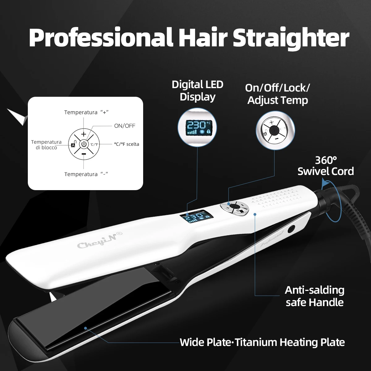 CkeyiN 44mm Tourmaline Ceramic Hair Straightener LCD Display Fast Heating Flat Iron Adjustable Temperature Straightening Iron - Image 2