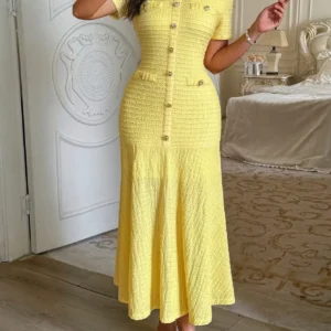 Yellow Textured Knit Midi Dress with Front Buttons and Faux Pockets