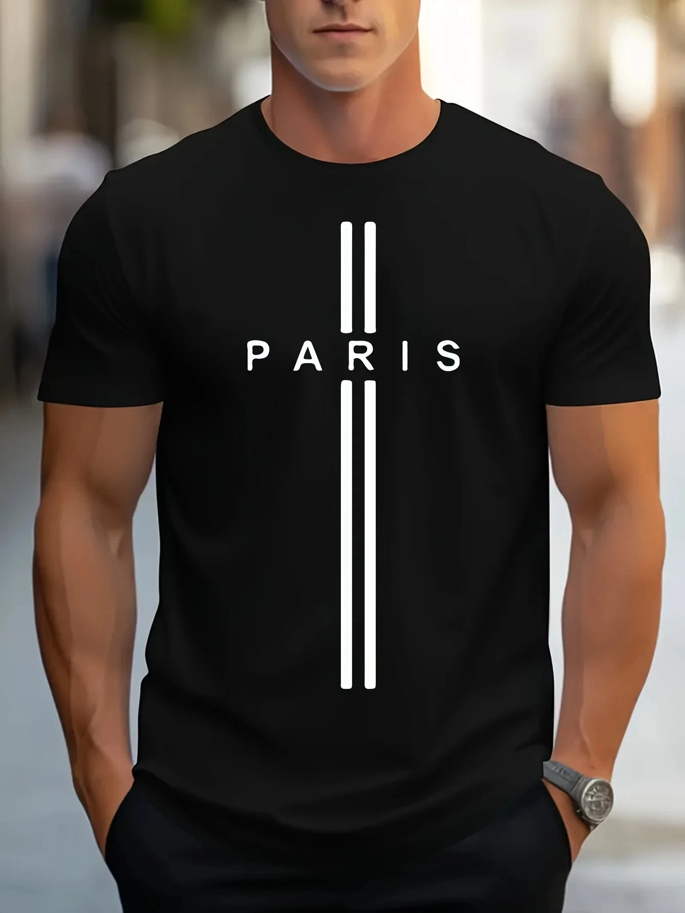 3D printed men's loose summer T-shirt, Paris printed round neck casual tight T-shirt, short sleeved T-shirt - Image 3