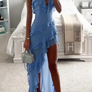 Holiday Maxi Midi Ruffles Beach Dress 2024 New Fashion Solid Color A-line Midi Dress Summer Sexy Strap Irregular Dress