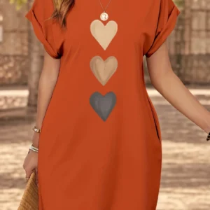 Women'S Casual Knit TShirt Dress with Heart  Print Crew Neck Short Sleeve Fashionable Top Black with Colorful Flag Design