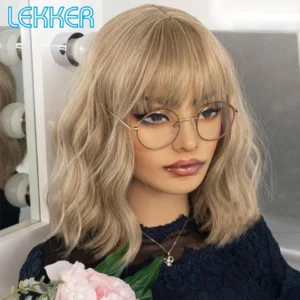 Lekker Short Blonde Bone Straight Bob 100% Human Hair Wigs With Bangs For Women Brazilian Remy Hair Full Machine Made Color Wigs