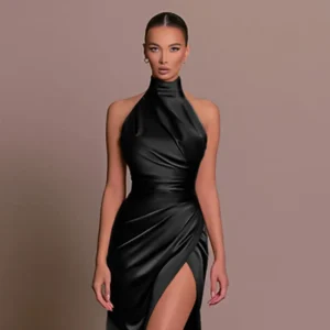 Women Dress Elegant Long Dresses Party Night Dress Women Dresses Woman Female Stand Collar Hanging Neck Sexy Slim Fit Slit