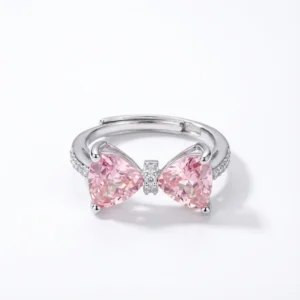 Pink Crystal Bow Knot Ring - Silver Plated Adjustable Minimalist Jewelry for Women Trendy Daily Accessories