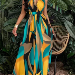 Women's sleeveless V-neck floor-length dress with abstract prints - fashionable for beach and casual occasions