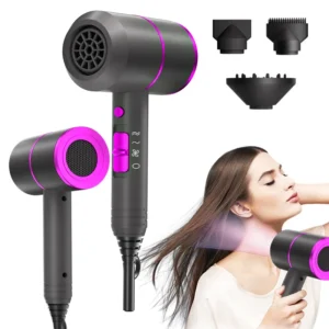 VoluVibe Professional Ionic Hair Dryer, Powerful Fast Drying Low Noise Blow Dryer with 2 Concentrator Nozzle 1 Diffuser Attachme