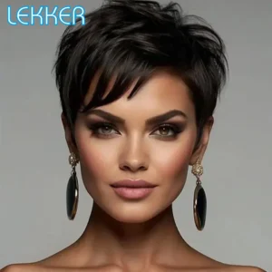 Lekker Short Pixie Cut Bob 100% Human Hair Wigs For Women Brazilian Remy Hair Natural black Full Machine Made Daily Straight Wig