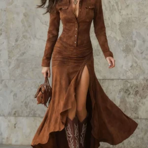 2025 Autumn/Winter Hot-Selling European and American Suede Slim-Fit Zipper Stand Collar Slit Long Dress