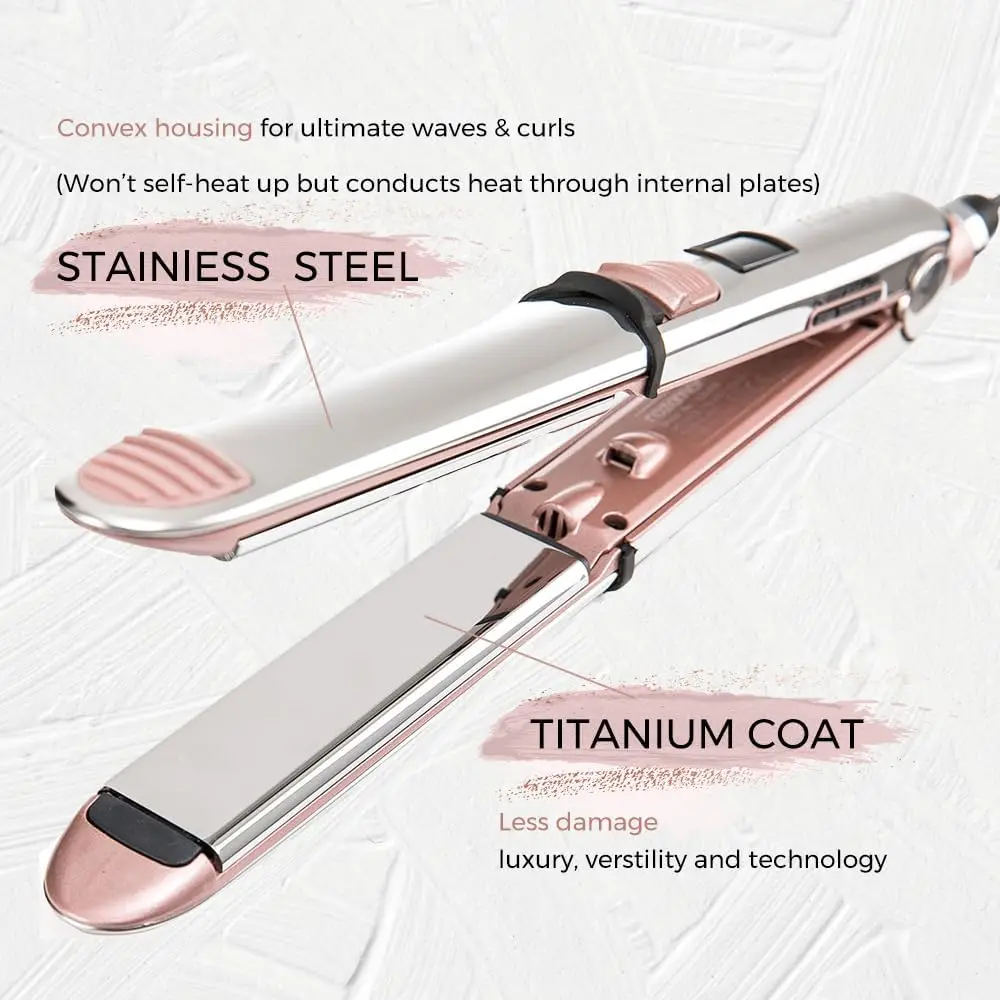 2-in-1 Titanium Ionic Flat Iron, Professional Hair Straightener & Curler, Fast Heating, Dual Voltage, Pink - Image 2