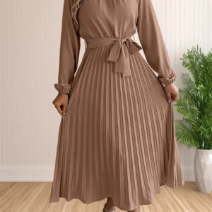 Women's Long Dresses Summer Elegant Pleated Long Sleeveed Lace Up Dresses Beach Boho Wrap Ruffle Hem Swing Sundress