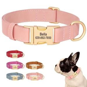 Custom Dog Collar PU Leather Dogs Collars Personalized Pet Necklace Adjustable for Small Medium Large Dogs Bulldog Pug Pink