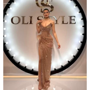 Contessa Dubai Customized Side High Slit Pleated Mermaid Prom Dress Floor-length Strapless Evening Dress Sleeveless Party Dress