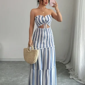Fashionable Striped Off-Shoulder Dress Women's Front-Braided Gathered Skirt Elegant Gown for Ladies