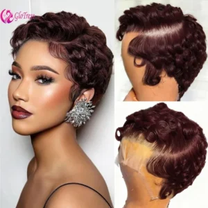 Premium Curly Pixie Cut 13x4 Lace Frontal Wigs Human Hair 99J 250% Density Short 6inches Layered Curly Glueless Wig for Women