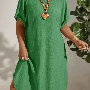 European and American large-size women's clothing 2025 summer new short-sleeved solid color dress large-size