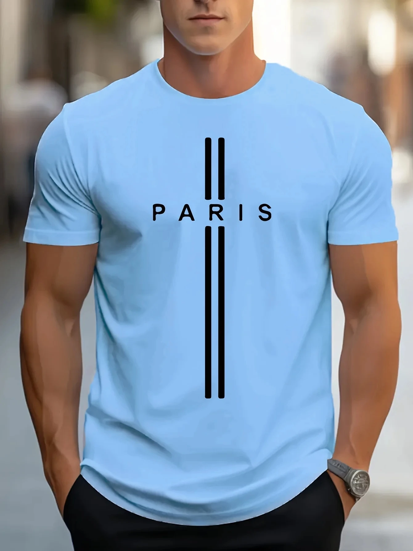 3D printed men's loose summer T-shirt, Paris printed round neck casual tight T-shirt, short sleeved T-shirt