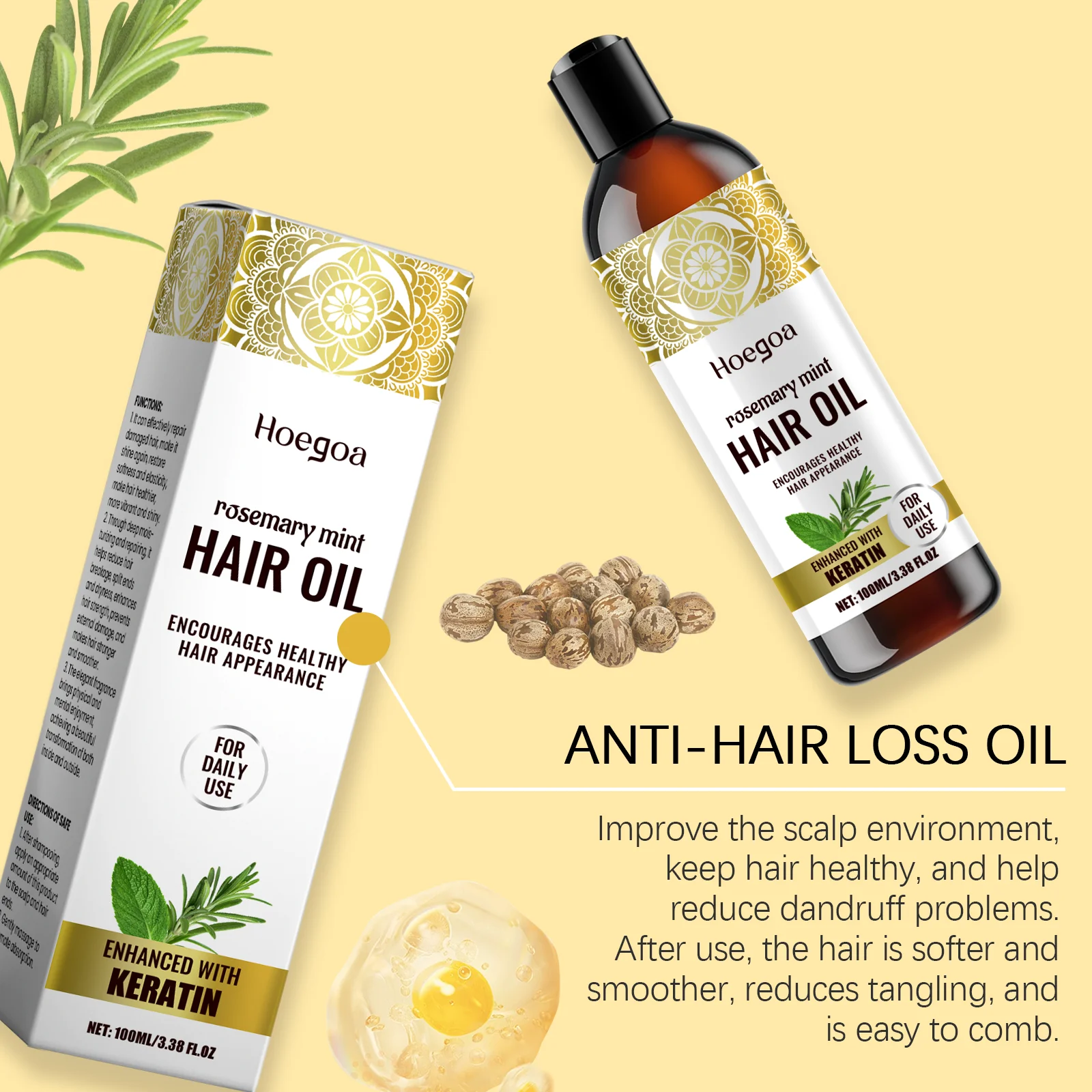 Hoegoa 100ml Rosemary Hair Oil Smooth and Nourish Scalp Massage Improves Forking, Moisturizes and Anti Curls Hair Essential Oil - Image 2